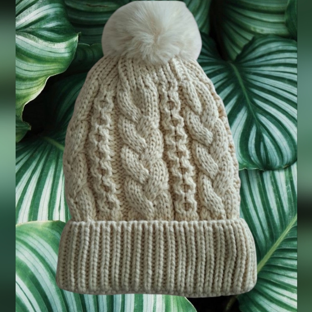 Beige Knit Beanie Insulated Hat Soft Pom Pom One Size NWOT
